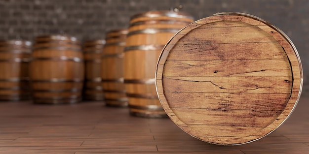 Foto barriles de madera en el fondo de la bodega espacio vacío en el barril para la publicidad viejos barriles de madera con vino en el espacio de copia de la bóveda de vino