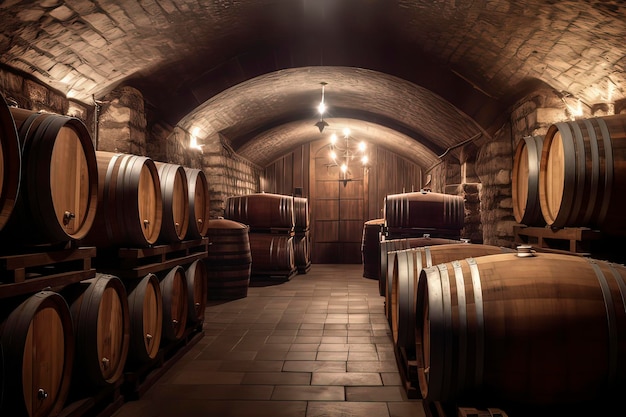 Los barriles de madera y el vino tinto en la bodega Imagen generada por tecnología AI