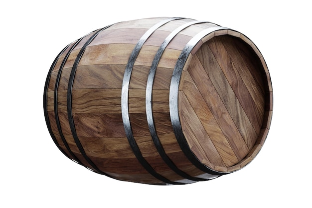 Barriles de madera para whisky sobre un fondo blanco Ilustración 3D de representación 3D