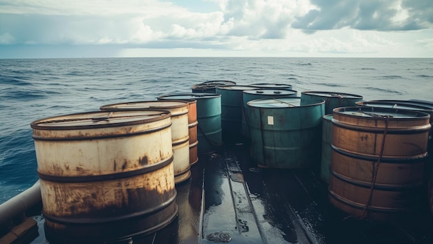 Barriles de petróleo en alta mar creados con tecnología de IA generativa