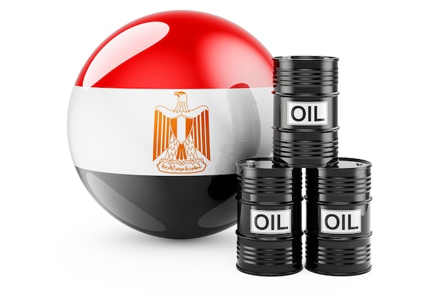 Barriles de petróleo con bandera egipcia Producción o comercio de petróleo en el concepto de representación 3D de Egipto