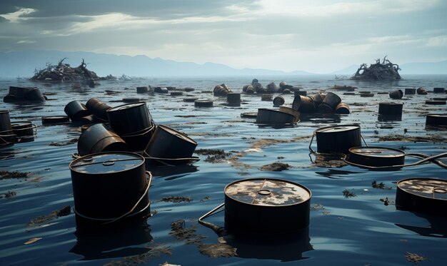 Barriles de petróleo flotando en un mar de petróleo crudo negro concepto de entorno