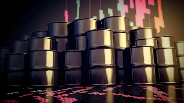 Barriles de petróleo con un gráfico económico de fondo