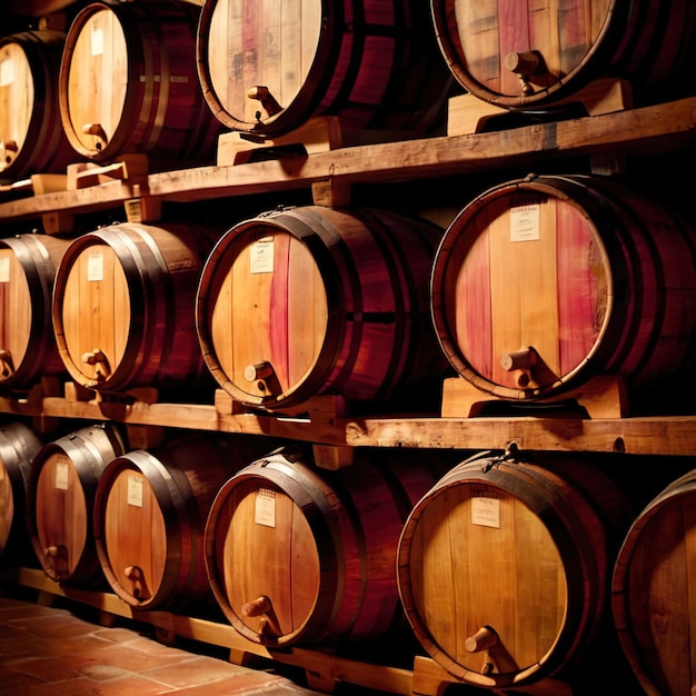 Foto barriles de vino almacenados en el almacén de la bodega como parte del proceso de elaboración de la cerveza