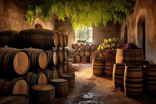 Barriles de vino apilados en bodega creados con ai generativo