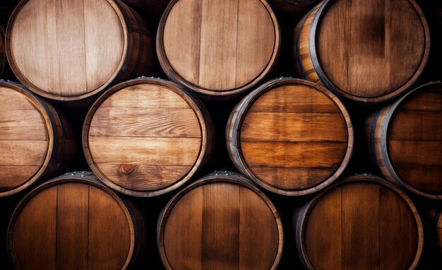 Barriles de vino en la bodega Apilados barriles de whisky de vino marrón oscuro en la bodeга Barril de whisky vintage antiguo