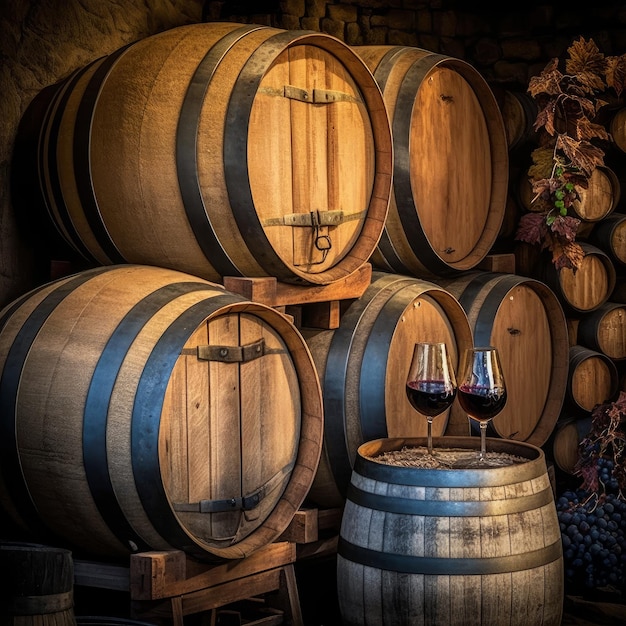 Barriles de vino y copas de vino en viña IA generativa