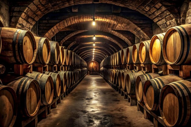 Barriles de vino de roble en la vieja bodega de vino oscuro pilas de coñac brandy cerveza barriles de whisky se hacen en un almacén una bodega subterránea para el proceso de envejecimiento del vino perfecto para un delicioso