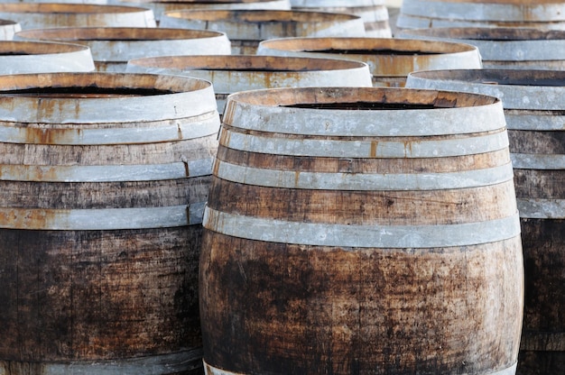 Barriles de vino tradicionales en una bodega de producción.