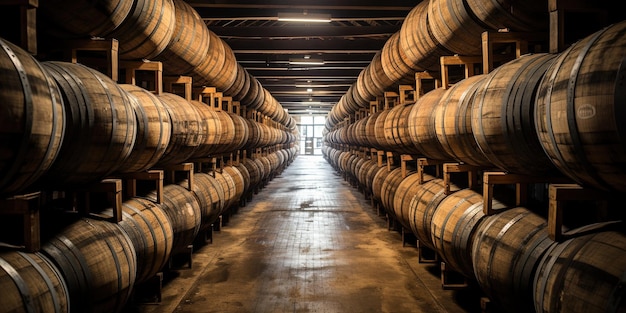 Foto barriles de whisky bourbon escocés en una instalación de envejecimiento