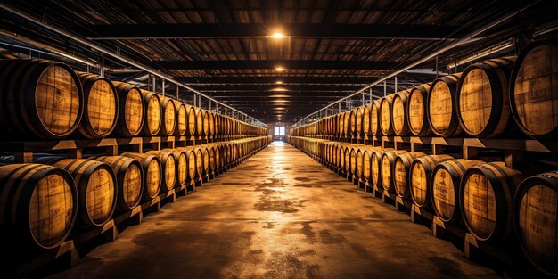 Foto barriles de whisky bourbon escocés en una instalación de envejecimiento