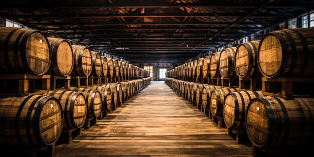 Barriles de whisky bourbon escocés en una instalación de envejecimiento