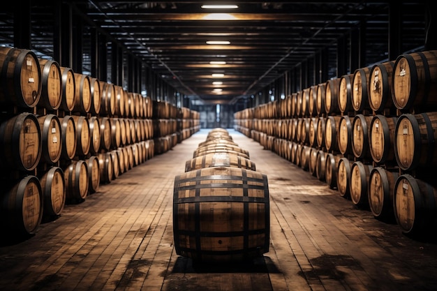 Barriles de whisky, bourbon y vino escocés en una instalación de envejecimiento