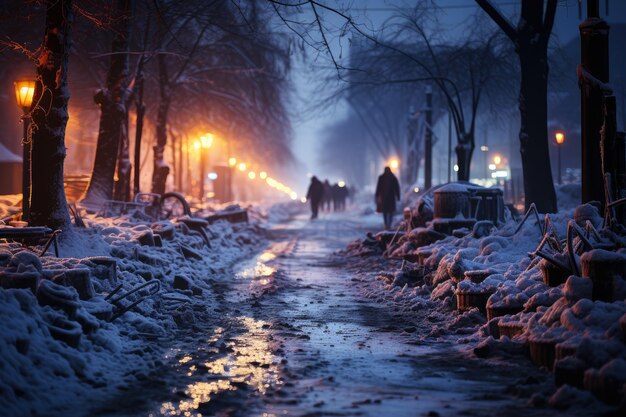 Foto barrio pobre sucio en una zona pobre de la ciudad calle cubierta de nieve en los suburbios en invierno en la víspera de año nuevo