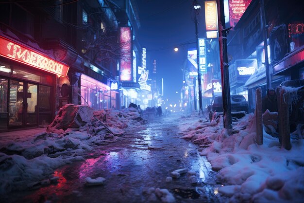 Barrio pobre sucio en una zona pobre de la ciudad calle cubierta de nieve en los suburbios en invierno en la víspera de Año Nuevo