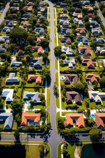 un barrio residencial con una carretera y una calle con casas a ambos lados