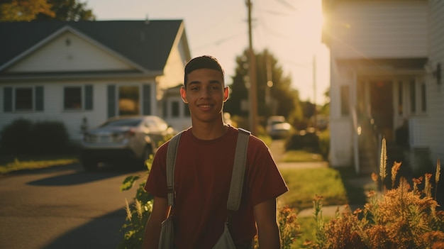 Foto en un barrio suburbano un adolescente comienza un proyecto de servicio comunitario para embellecer el público