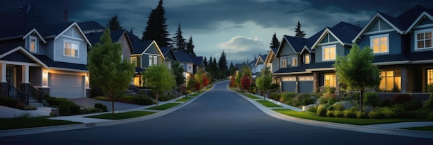 Barrio urbano o suburbano por la noche casas con luces a última hora de la noche o a medianoche casas con garages y caminos de entrada paisaje de pueblo suburbano con edificios de cabañas farolas