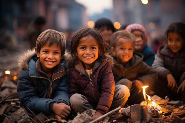 Foto en los barrios pobres los niños se sentaban y practicaban su risa llena de esperanza