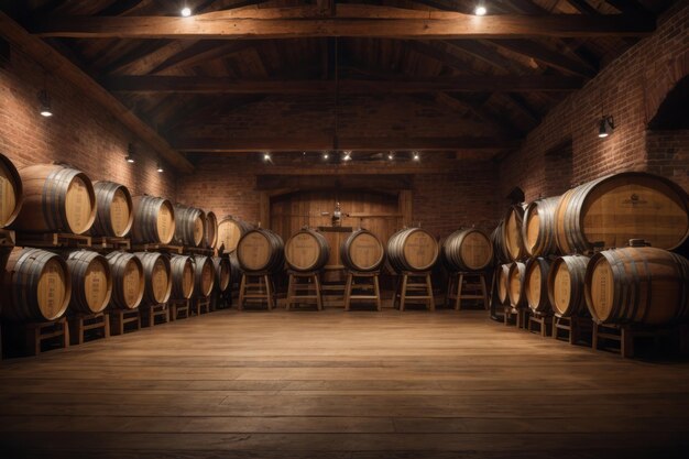 Foto barris de carvalho para fermentação de cerveja em cervejaria de armazém rural