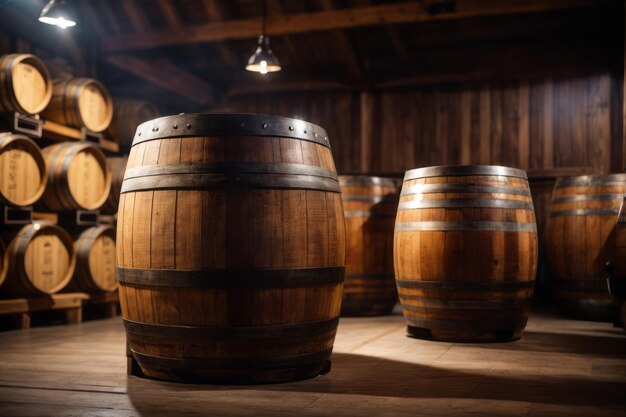 Foto barris de carvalho para fermentação de cerveja em cervejaria de armazém rural