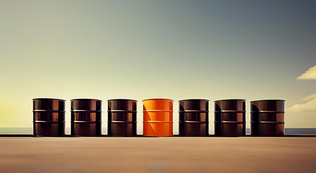Barris de combustível de petróleo bruto em fila na areia ao ar livre Conceito da indústria de gasolina
