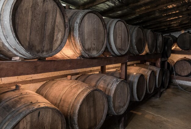 Barris de madeira com cachaça em uma destilaria