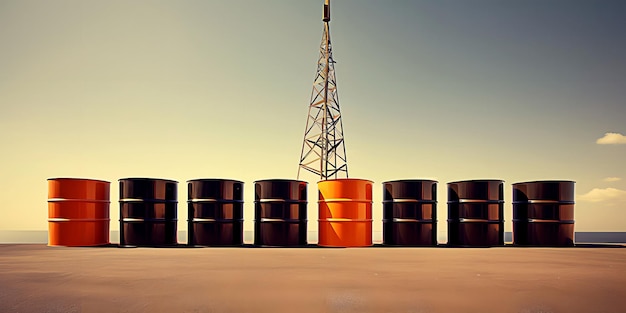 Foto barris de petróleo bruto preparados para envio para refinaria de petróleo ficam em fila no chão contra a plataforma petrolífera