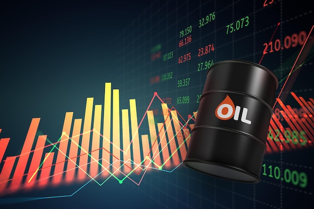 Barris de petróleo com gráfico na ilustração 3d de negócios de dados de mercado de investimento