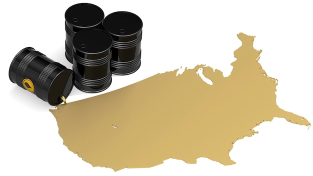 Barris de petróleo cruéis pretos com mapa dourado dos EUA