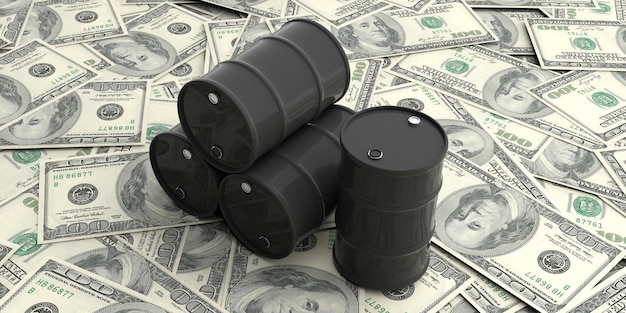 Barris de petróleo na ilustração 3d de notas de cem dólares