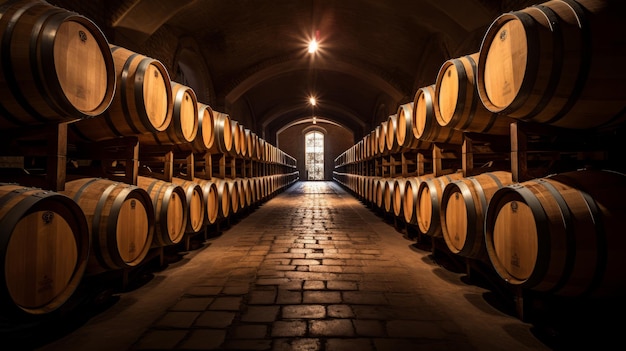 Barris de vinho em adegas de vinho grande angular