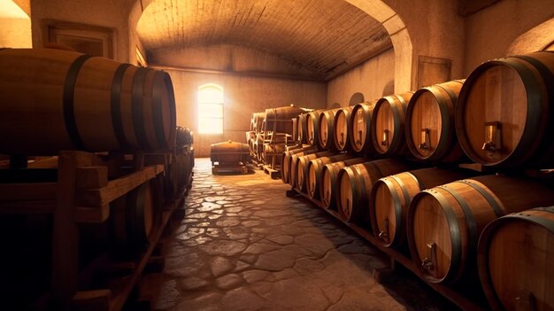 Barris e barris vintage em velha adega Uma adega espanhola é o armazenamento perfeito para envelhecimento de vinhos deliciosos Ilustrador de IA gerador