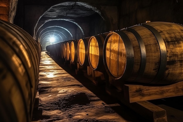 Barris para armazenamento de vinho numa antiga adega subterrânea Conceito de adegas