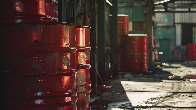 Barris vermelhos de combustível Barris de aço na área industrial Cesternes no pátio do armazém IA geradora