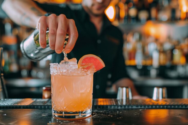 Bartender adornando un cóctel con una rebanada de cítricos en una barra con botellas borrosas en el fondo