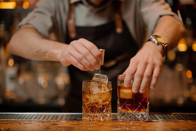 Bartender adornando un cóctel con una rebanada de cítricos en una barra con botellas borrosas en el fondo