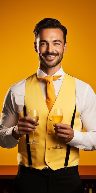 Bartender experto en el fondo amarillo sólido