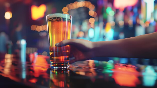 Bartender hält ein Bierglas mit farbenfrohem, verschwommenem Hintergrund in der Hand