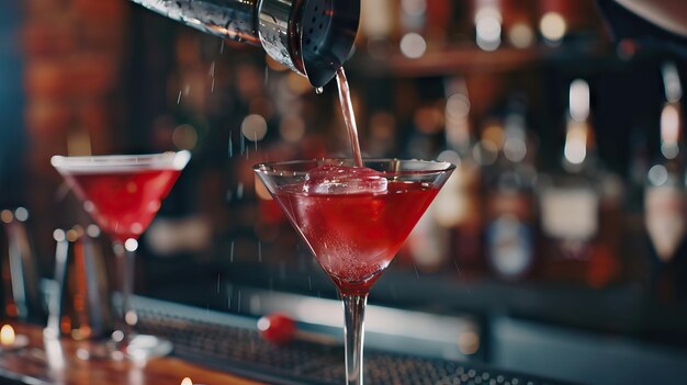 Bartender macht einen roten kosmopolitischen Cocktail in einem Martini-Glas