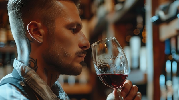 Bartender o cavista masculino de pie cerca de los estantes de botellas de vino sostiene un vaso de vino