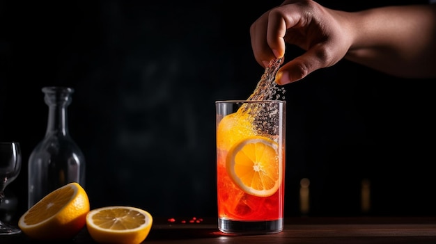 Bartender prepara cóctel Aperol spritz Vidrio empañado enfoque selectivo Bebida alcohólica IA generativa