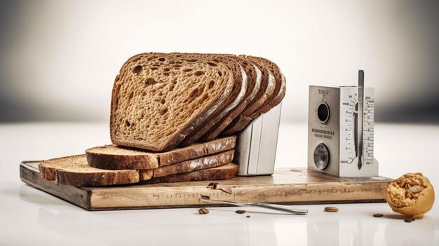 Báscula con saludable rebanada de pan y cinta métrica sobre fondo blanco.