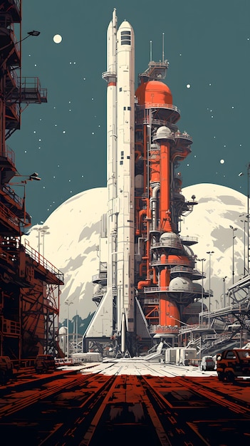 Base espacial industrial que mistura o estilo artístico de Christopher Balaskas e Yuko Shimizu