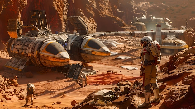 Base marciana futurista com nave espacial e astronauta explorando o planeta vermelho cena de sci-fi retratando a exploração espacial paisagem marciana com tecnologia AI