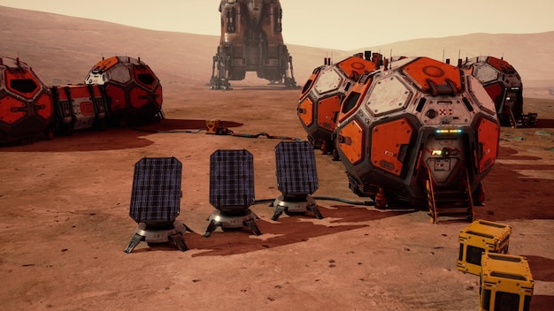 Base marciana con paneles solares y módulos de hábitat bajo un cielo rojo polvoriento