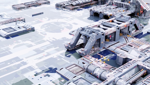 Base militar espacial con fondo de tecnología de construcción innovadora Scifi y representación de ilustración 3D de concepto industrial