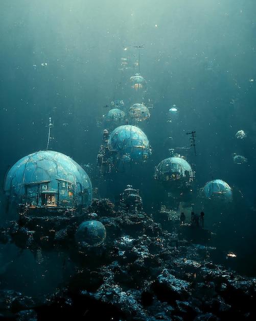 Base subaquática alienígena na ilustração de arte digital 3D de ficção científica do abismo do mar