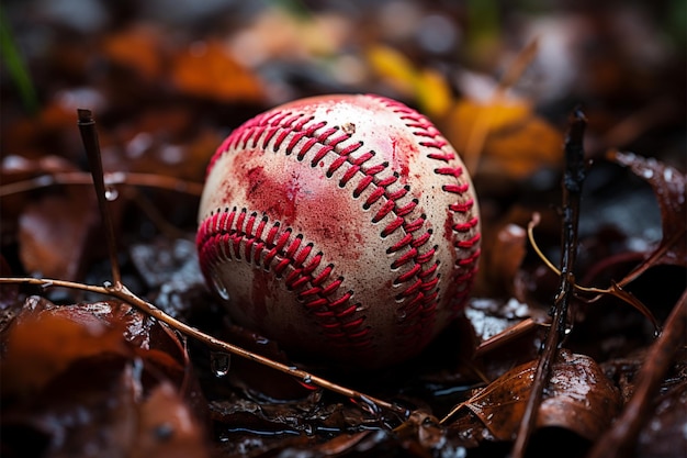 Baseball ruht inmitten von Herbstblättern in der Regenrutsche und verbindet Sport mit saisonaler Schönheit