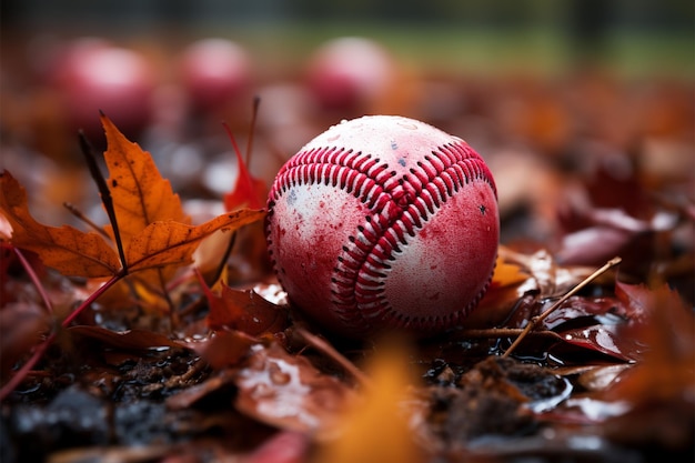 Baseball ruht inmitten von Herbstblättern in der Regenrutsche und verbindet Sport mit saisonaler Schönheit